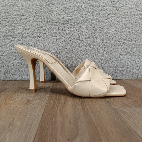 Vince Camuto Brelanie 7.5 Woven Leather Sandals Mules Square Toe‎ Heels Beige - Picture 1 of 10